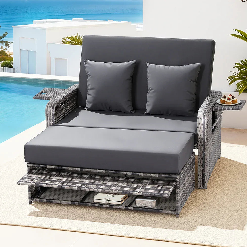 Gardeon Outdoor Day Bed Sun Lounge Setting Wicker Lounger Patio Furniture Grey - Mekamart Australia