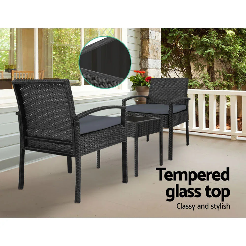 Gardeon 3PC Patio Furniture Bistro Set Wicker Outdoor Lounge Setting Black - Mekamart Australia