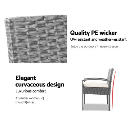 Gardeon 3PC Patio Furniture Bistro Set Wicker Outdoor Lounge Setting Grey - Mekamart Australia