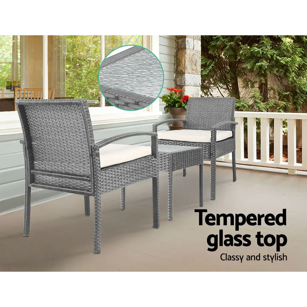 Gardeon 3PC Patio Furniture Bistro Set Wicker Outdoor Lounge Setting Grey - Mekamart Australia