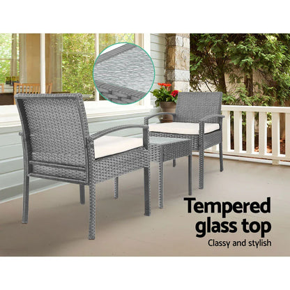 Gardeon 3PC Patio Furniture Bistro Set Wicker Outdoor Lounge Setting Grey - Mekamart Australia