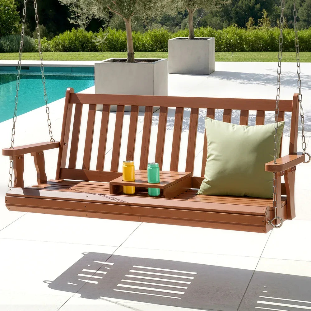 Gardeon Porch Outdoor Swing Chair Patio Furniture Wooden Bench 2 Seat Cup Holder - Mekamart Australia