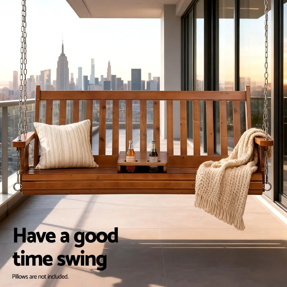 Gardeon Porch Outdoor Swing Chair Patio Furniture Wooden Bench 2 Seat Cup Holder - Mekamart Australia