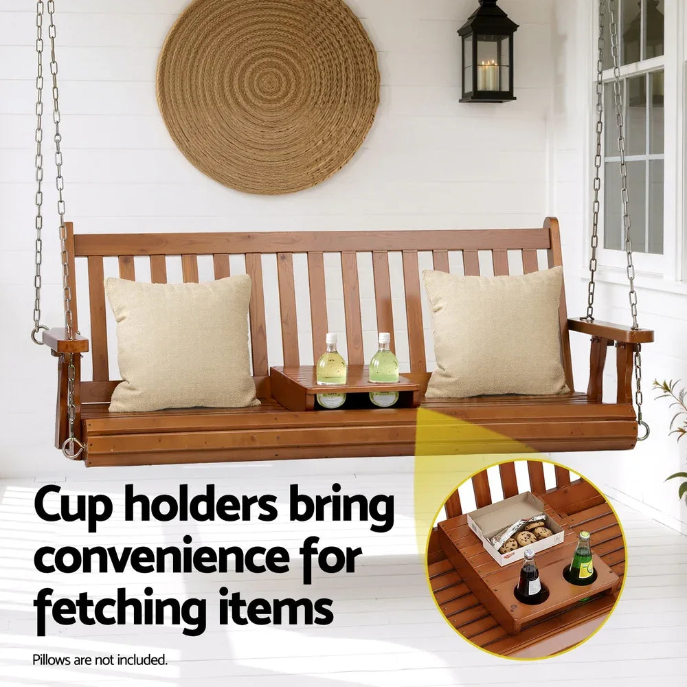 Gardeon Porch Outdoor Swing Chair Patio Furniture Wooden Bench 2 Seat Cup Holder - Mekamart Australia