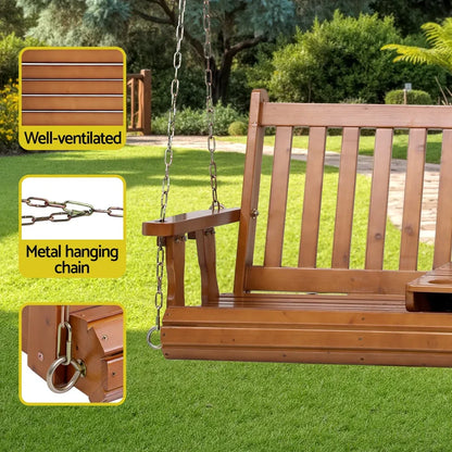 Gardeon Porch Outdoor Swing Chair Patio Furniture Wooden Bench 2 Seat Cup Holder - Mekamart Australia