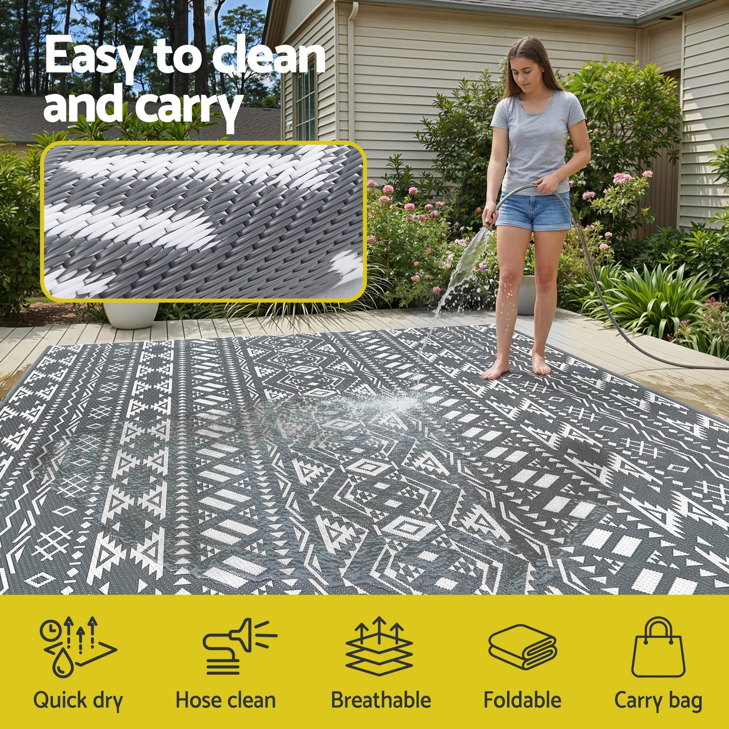 Gardeon Outdoor Rugs 274x366cm Large Carpet Reversible Area Mat PP Dual-Sided Patio Rug Bohemian