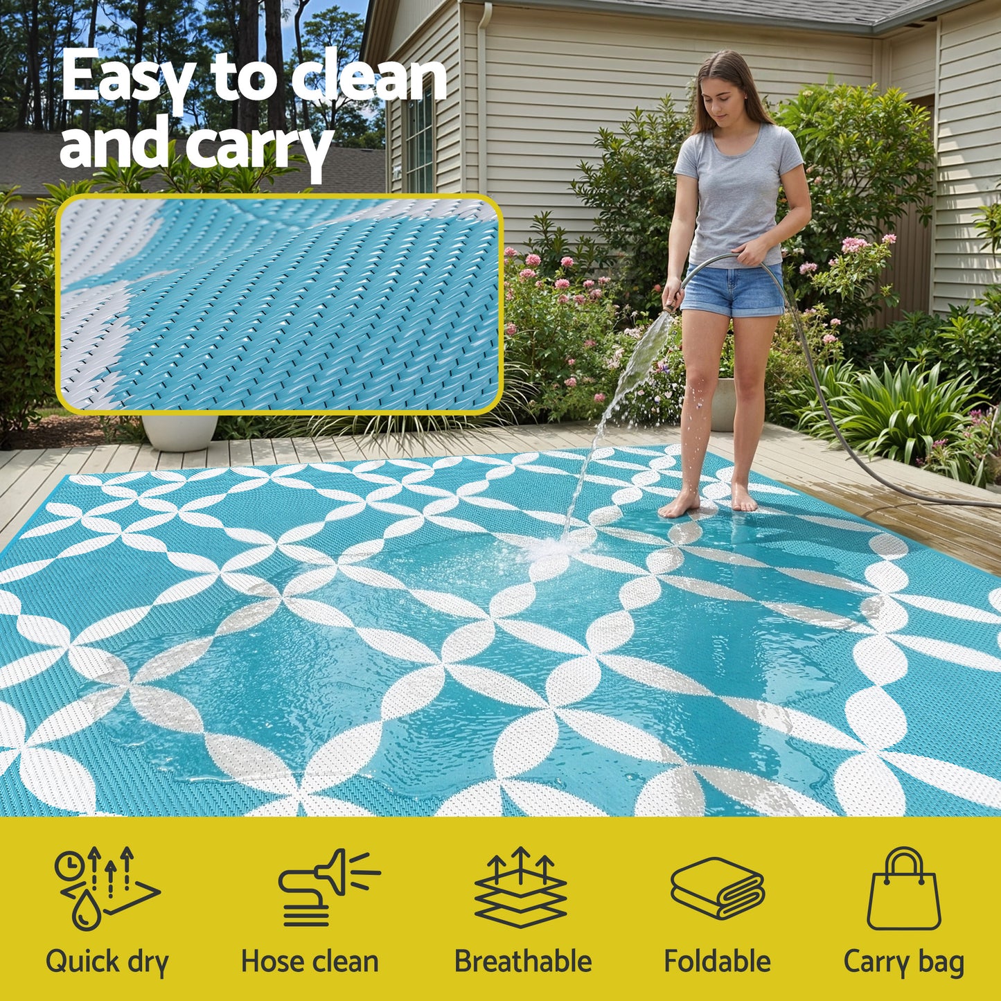 Gardeon Outdoor Rugs 274x366cm Large Carpet Reversible Area Mat PP Dual-Sided Patio Rug Light Blue