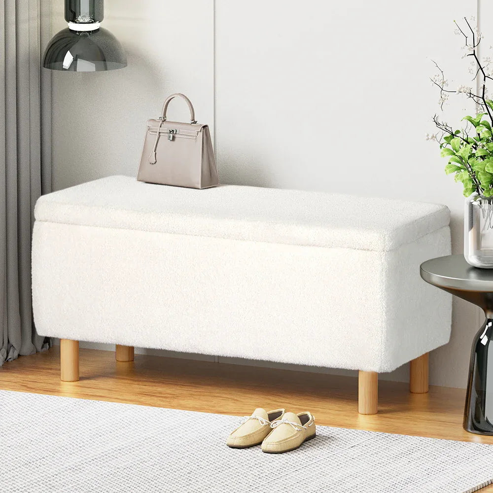 Artiss Storage Ottoman Blanket Box 99cm Teddy Fabric White - Mekamart Australia