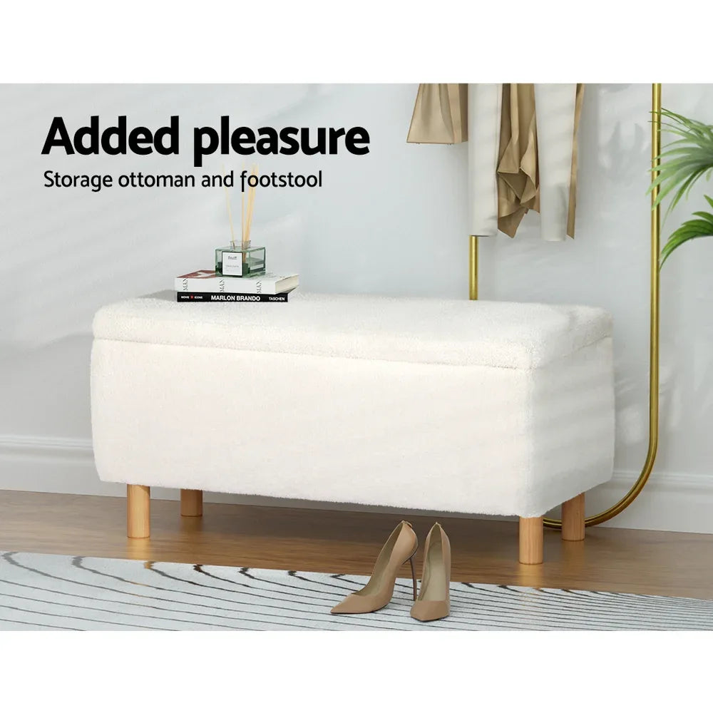 Artiss Storage Ottoman Blanket Box 99cm Teddy Fabric White - Mekamart Australia