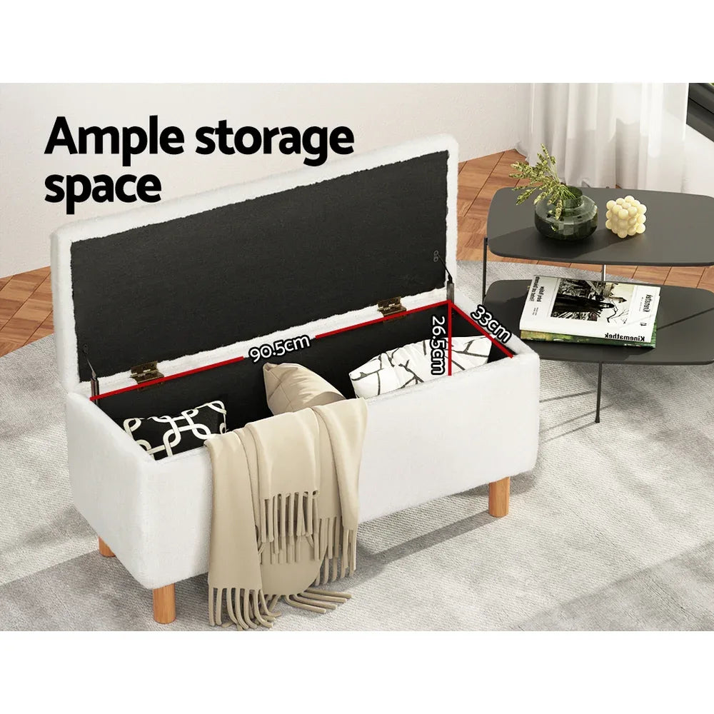 Artiss Storage Ottoman Blanket Box 99cm Teddy Fabric White - Mekamart Australia