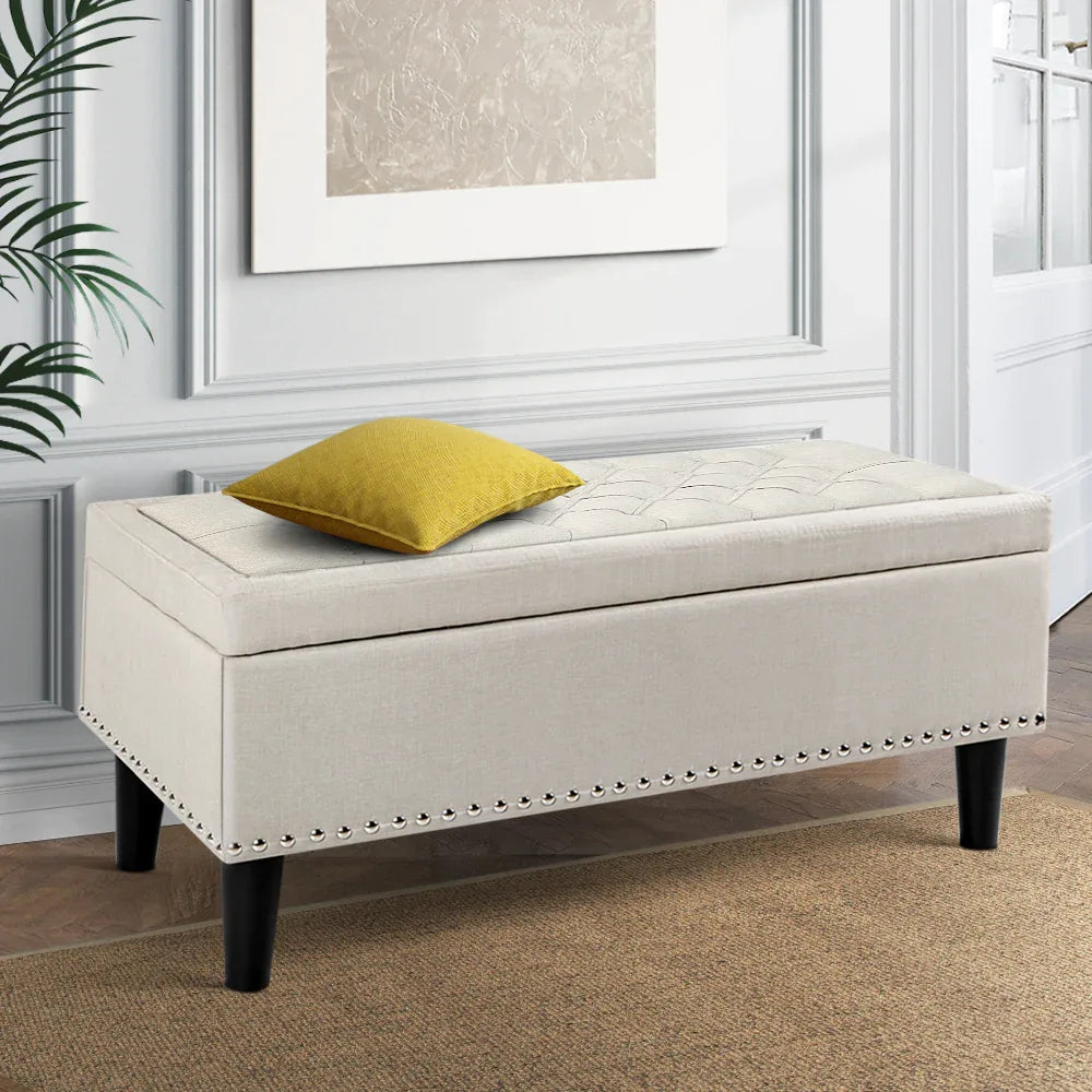 Artiss Storage Ottoman Blanket Box 96cm Linen Taupe - Mekamart Australia