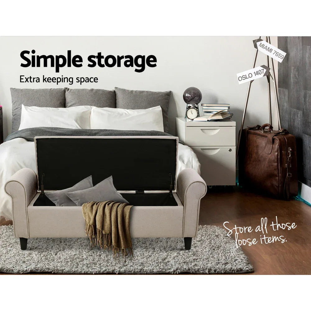 Artiss Storage Ottoman Blanket Box 125cm Arm Linen Taupe - Mekamart Australia