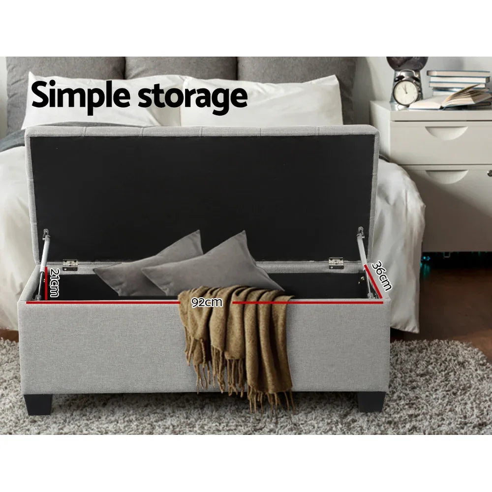 Artiss Storage Ottoman Blanket Box 97cm Button Linen Grey - Mekamart Australia