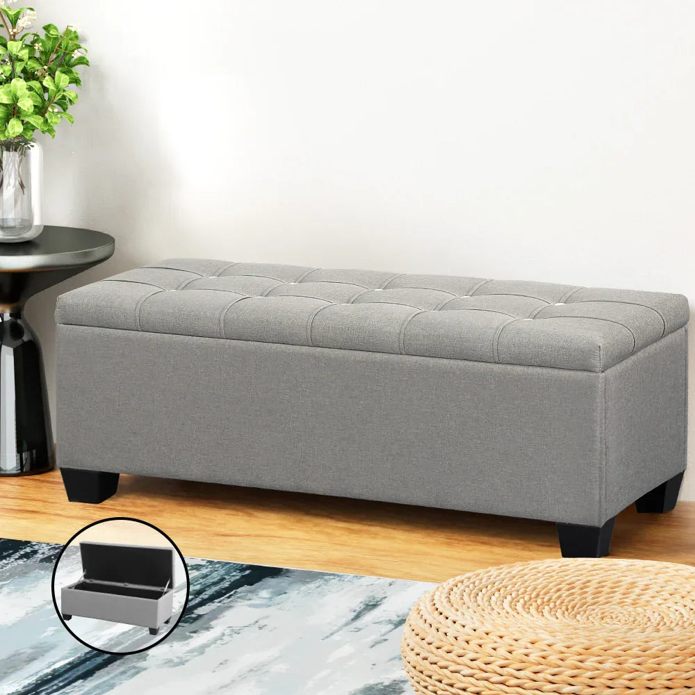 Artiss Storage Ottoman Blanket Box 97cm Button Linen Grey - Mekamart Australia