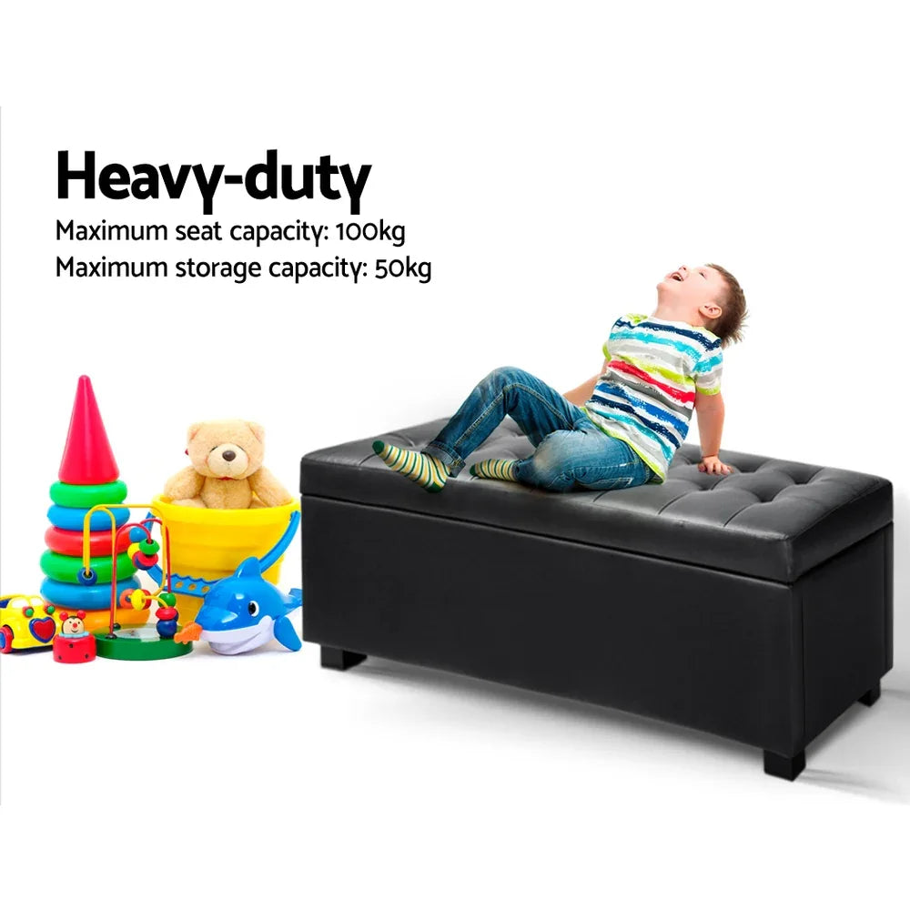 Artiss Storage Ottoman Blanket Box 97cm Leather Black - Mekamart Australia