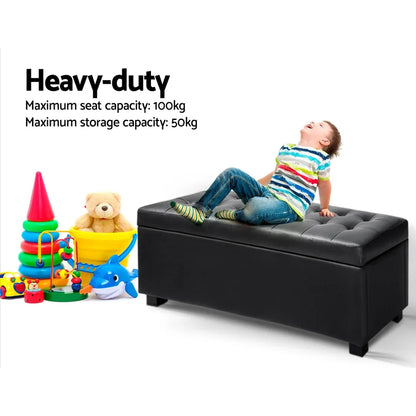 Artiss Storage Ottoman Blanket Box 97cm Leather Black - Mekamart Australia