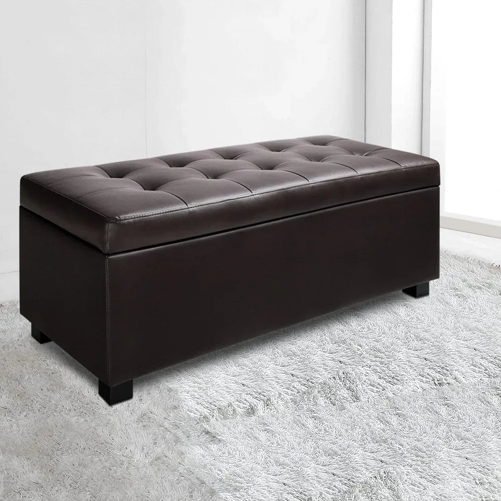 Artiss Storage Ottoman Blanket Box 97cm Leather Brown - Mekamart Australia