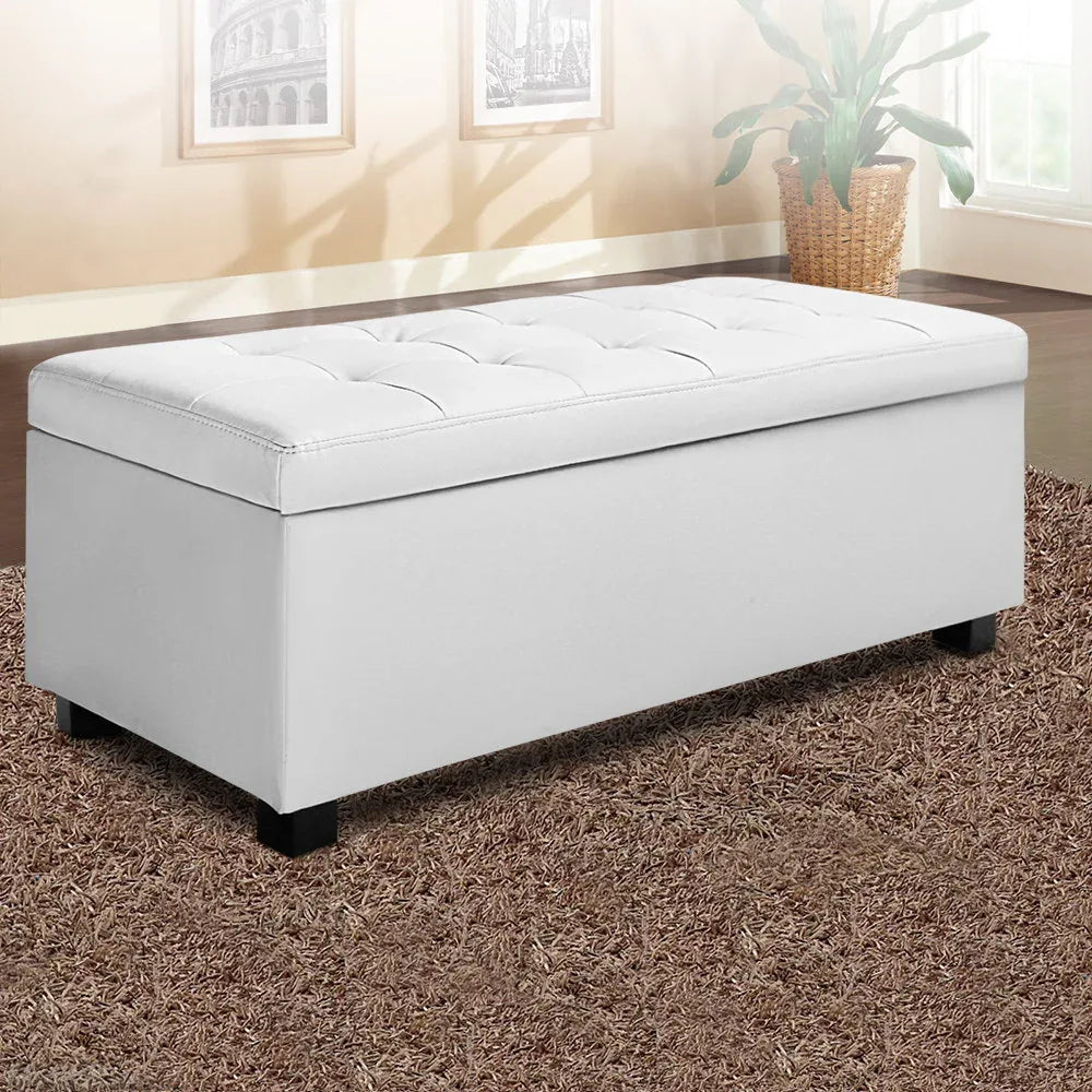 Artiss Storage Ottoman Blanket Box 97cm Leather White - Mekamart Australia