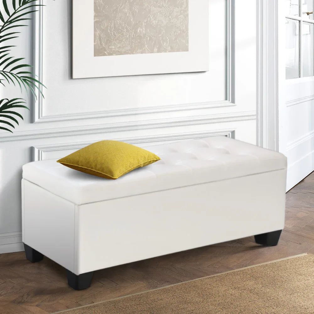 Artiss Storage Ottoman Blanket Box 97cm Leather White - Mekamart Australia