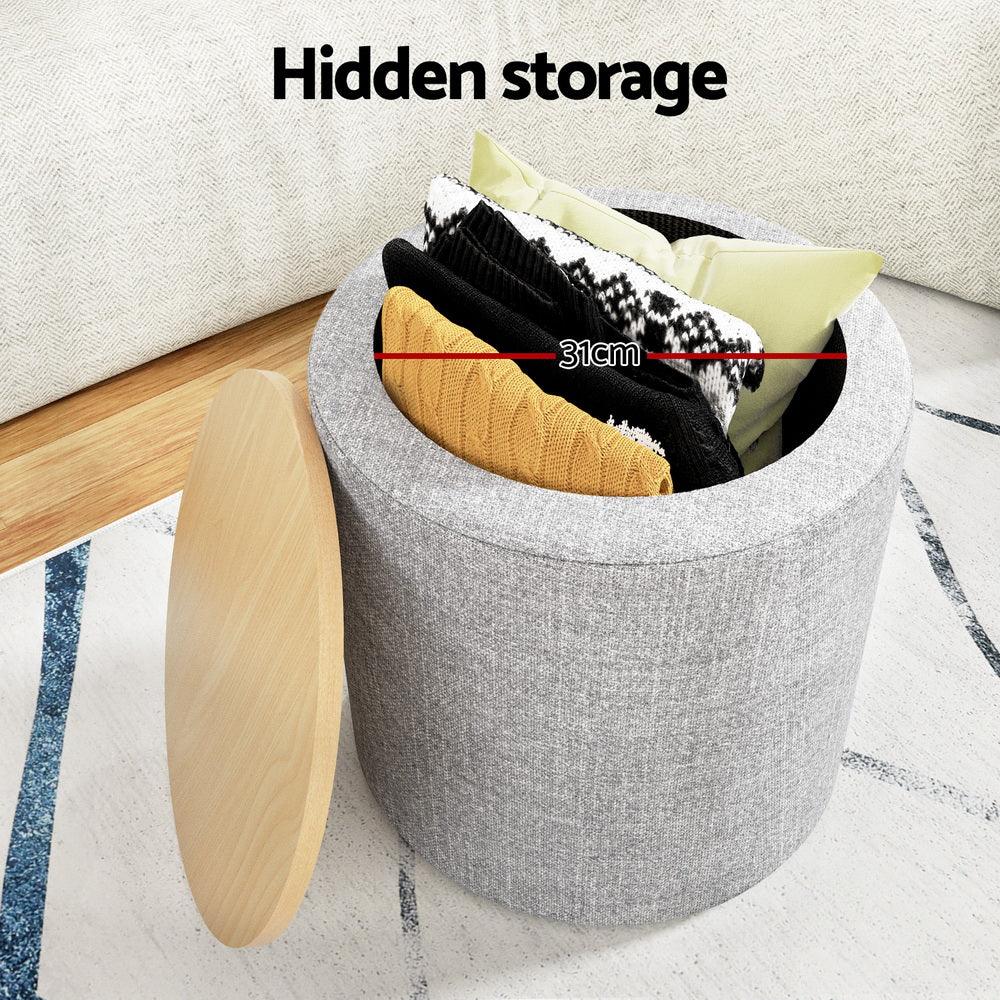 Artiss Storage Ottoman Blanket Box 40cm Linen Round Grey - Mekamart Australia