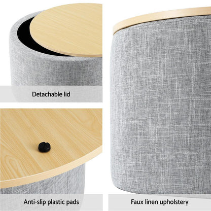 Artiss Storage Ottoman Blanket Box 40cm Linen Round Grey - Mekamart Australia