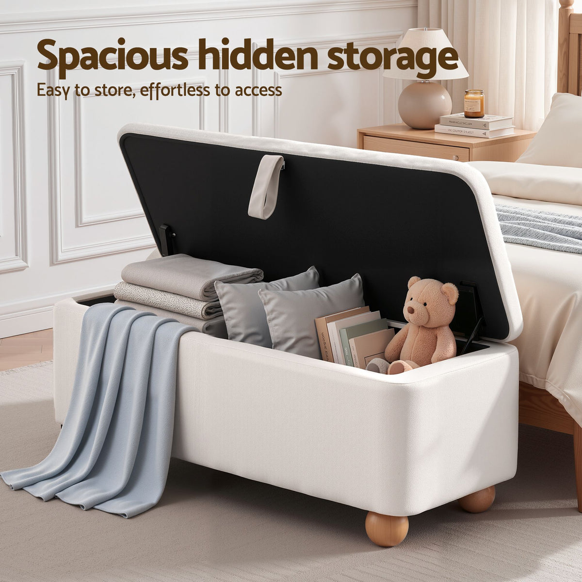 Artiss Storage Ottoman Hidden Bench Velvet Blanket Box Beige 97cm