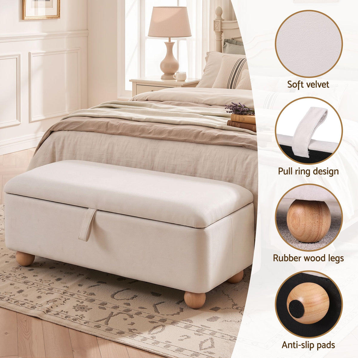 Artiss Storage Ottoman Hidden Bench Velvet Blanket Box Beige 97cm