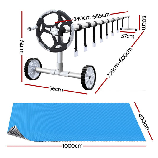 Aquabuddy Pool Cover 500 Micron 10x4m Swimming Pool Solar Blanket Blue Silver 5.5m Roller