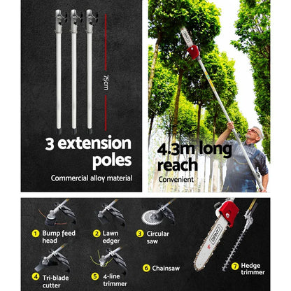 Giantz 40CC Pole Chainsaw Hedge Trimmer Brush Cutter Whipper Saw 4-Stroke 7-in-1 - Mekamart Australia