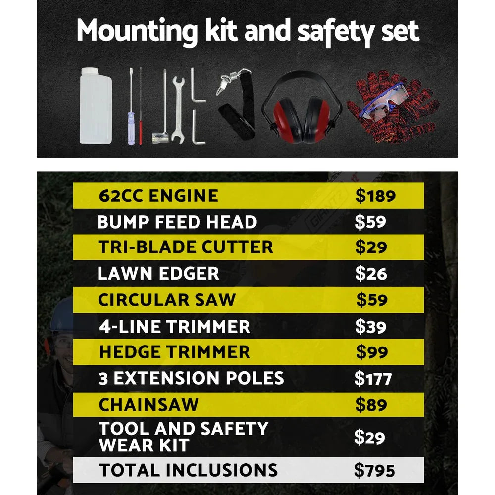 Giantz 62CC Pole Chainsaw Hedge Trimmer Brush Cutter Whipper Snipper Saw 9-in-1 - Mekamart Australia