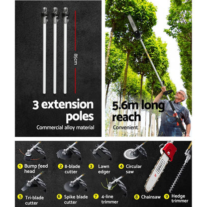 Giantz 62CC Pole Chainsaw Hedge Trimmer Brush Cutter Whipper Snipper Saw 9-in-1 5.6m - Mekamart Australia