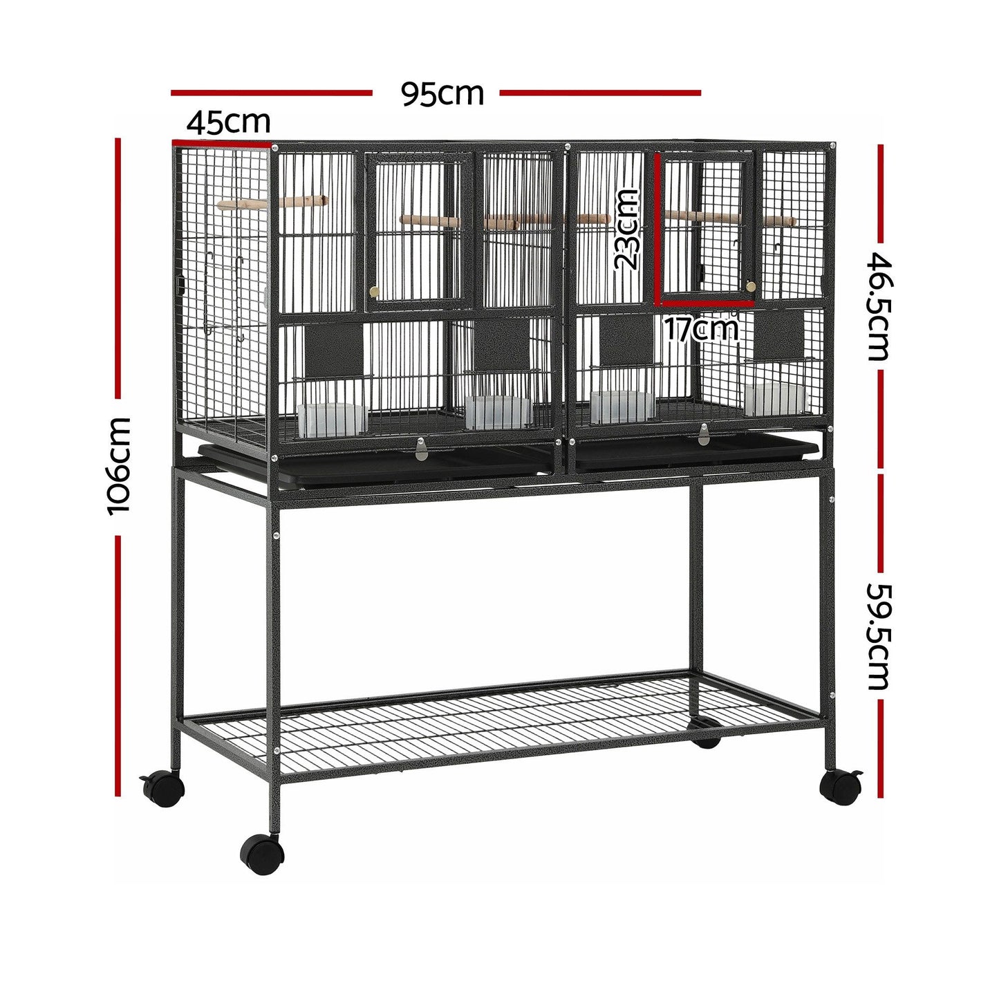 i.Pet 106cm 2-in-1 Bird Cage Aviary with Divider Parrot Budgie Wheels Black