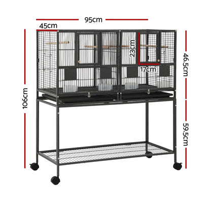i.Pet 106cm 2-in-1 Bird Cage Aviary with Divider Parrot Budgie Wheels Black