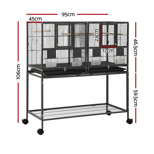 i.Pet 106cm 2-in-1 Bird Cage Aviary with Divider Parrot Budgie Wheels Black