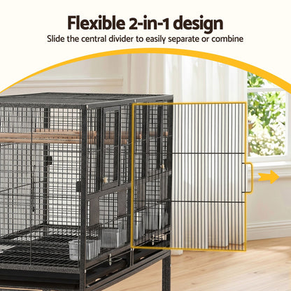 i.Pet 106cm 2-in-1 Bird Cage Aviary with Divider Parrot Budgie Wheels Black