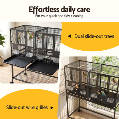 i.Pet 106cm 2-in-1 Bird Cage Aviary with Divider Parrot Budgie Wheels Black