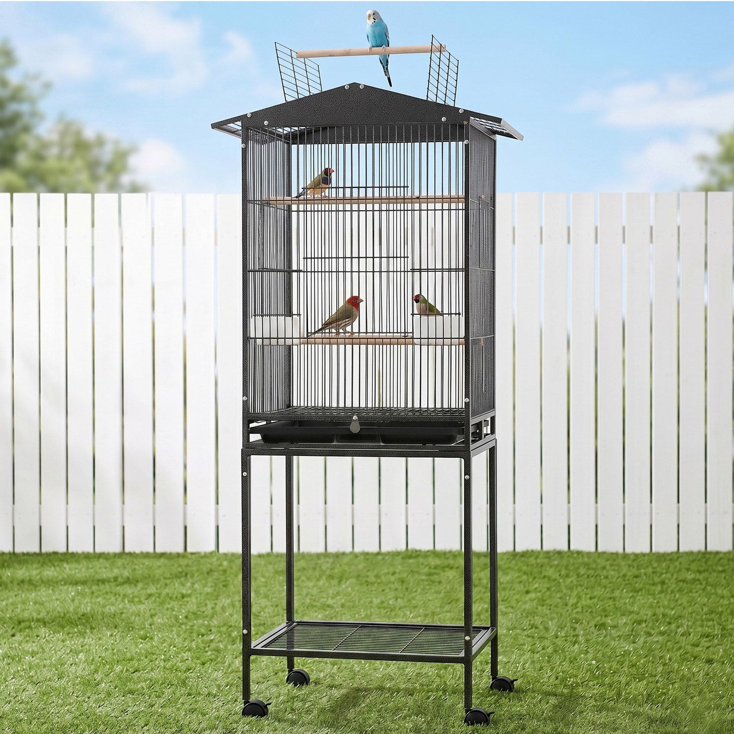 i.Pet 136cm Bird Cage Aviary Open Top Parrot Budgie Stand Wheels Black