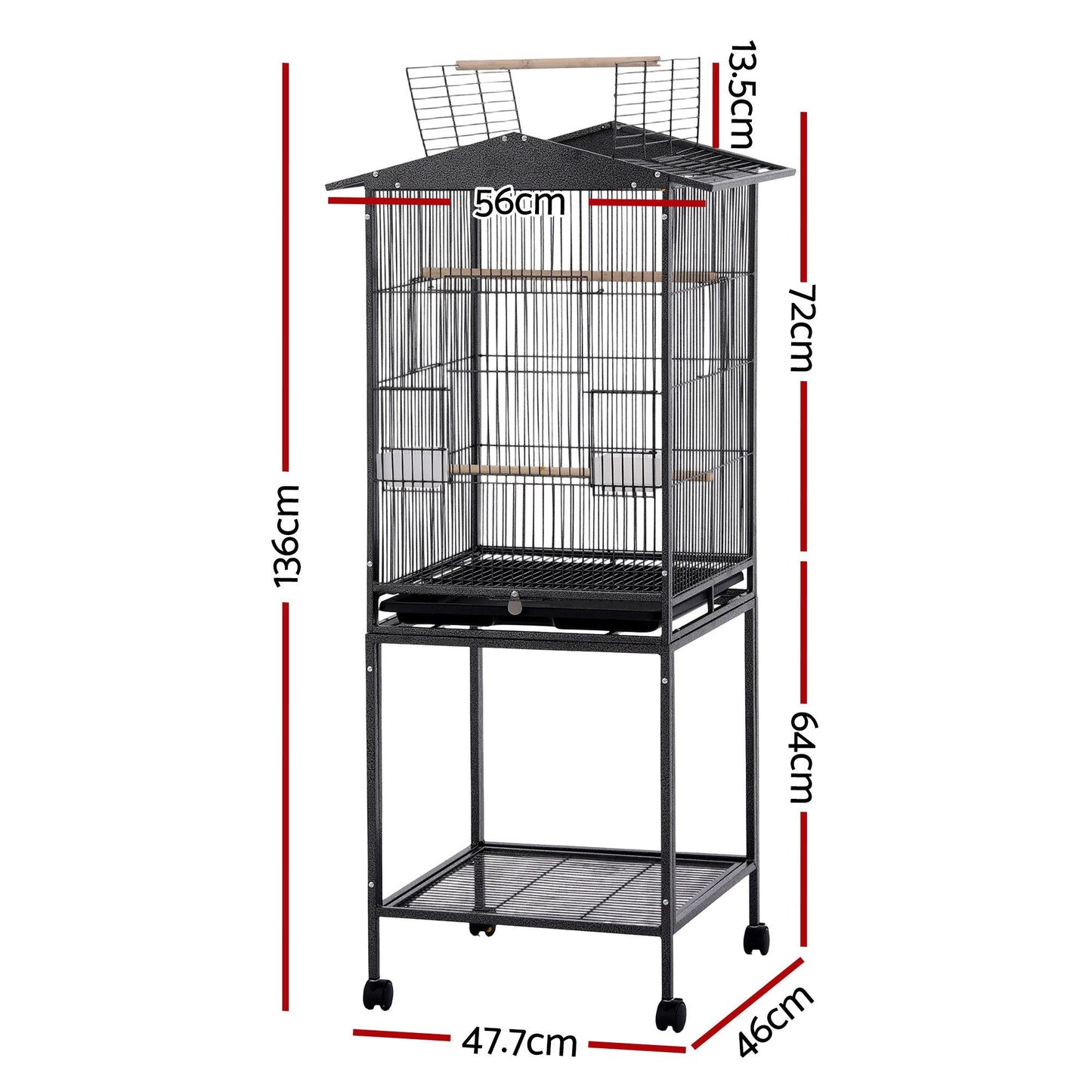 i.Pet 136cm Bird Cage Aviary Open Top Parrot Budgie Stand Wheels Black