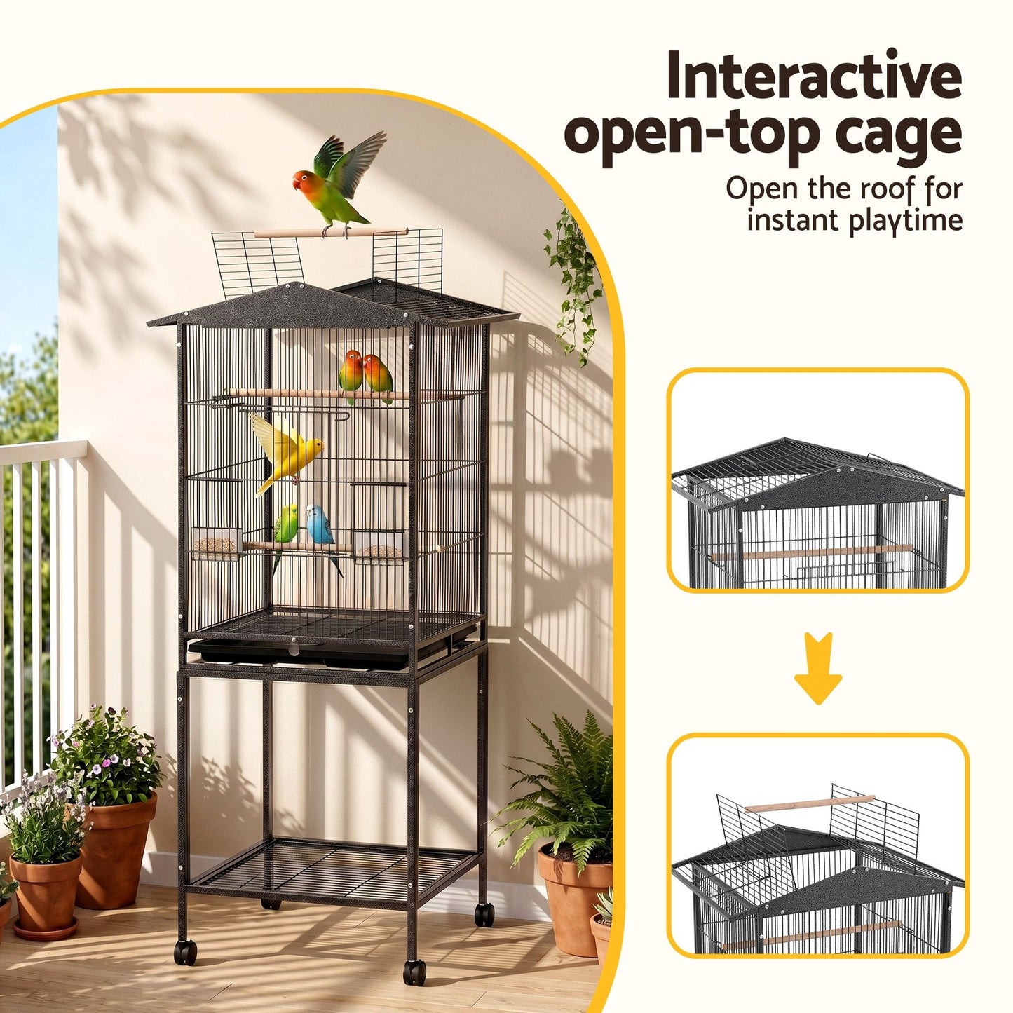 i.Pet 136cm Bird Cage Aviary Open Top Parrot Budgie Stand Wheels Black