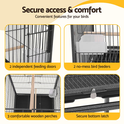 i.Pet 136cm Bird Cage Aviary Open Top Parrot Budgie Stand Wheels Black