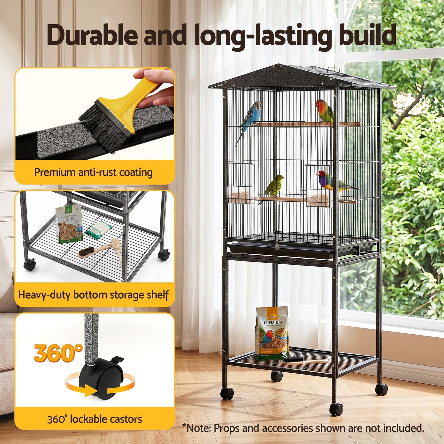 i.Pet 136cm Bird Cage Aviary Open Top Parrot Budgie Stand Wheels Black