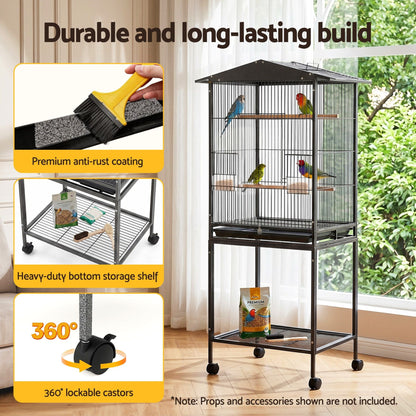 i.Pet 136cm Bird Cage Aviary Open Top Parrot Budgie Stand Wheels Black
