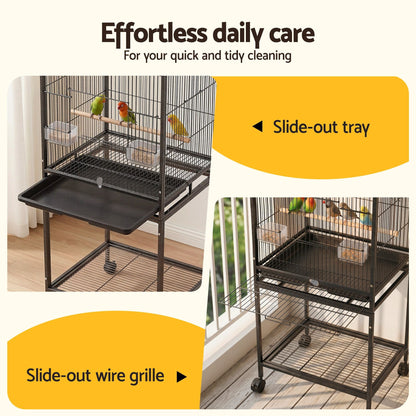 i.Pet 136cm Bird Cage Aviary Open Top Parrot Budgie Stand Wheels Black