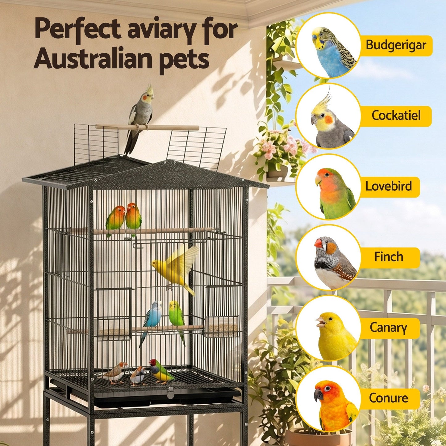 i.Pet 136cm Bird Cage Aviary Open Top Parrot Budgie Stand Wheels Black
