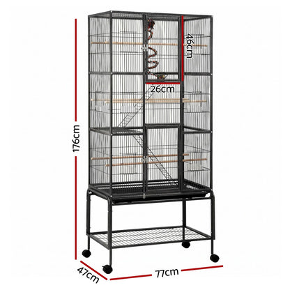 i.Pet 176cm 3-Tier Large Bird Cage Aviary with Ladder Parrot Budgie Wheels Black