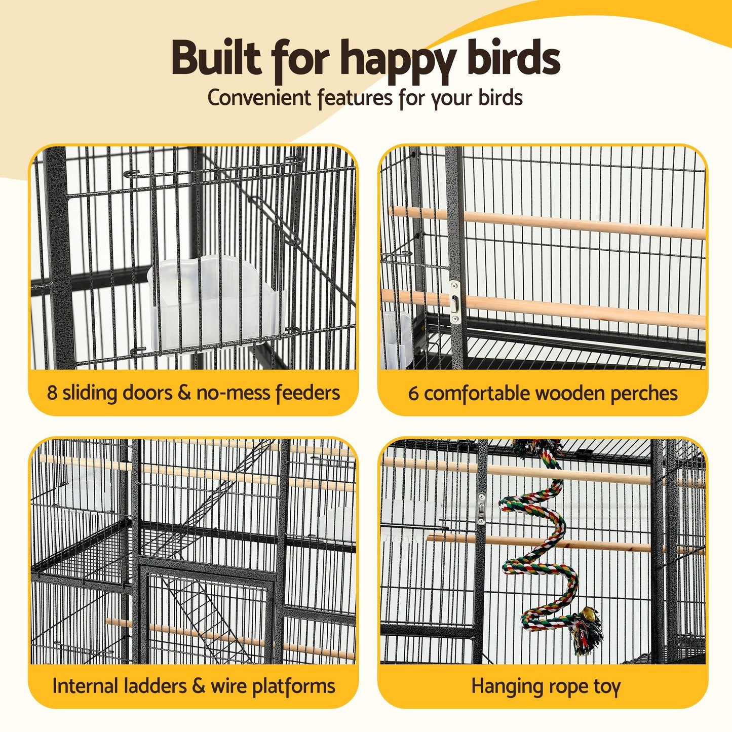 i.Pet 176cm 3-Tier Large Bird Cage Aviary with Ladder Parrot Budgie Wheels Black