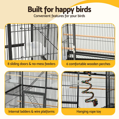 i.Pet 176cm 3-Tier Large Bird Cage Aviary with Ladder Parrot Budgie Wheels Black