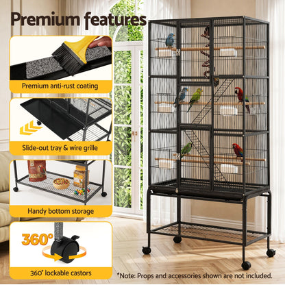 i.Pet 176cm 3-Tier Large Bird Cage Aviary with Ladder Parrot Budgie Wheels Black