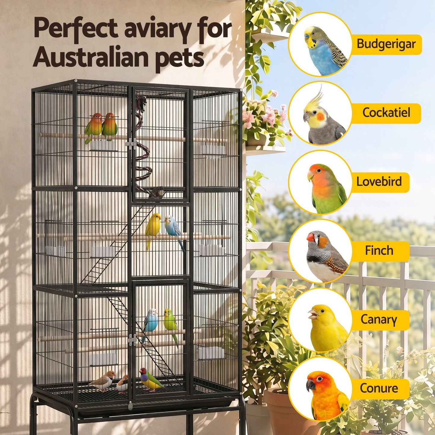 i.Pet 176cm 3-Tier Large Bird Cage Aviary with Ladder Parrot Budgie Wheels Black