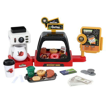 Keezi Kids Pretend Role Play Toy Coffee Shop with Coffee Maker Machine Play Money Food Tea Party Set - Mekamart Australia